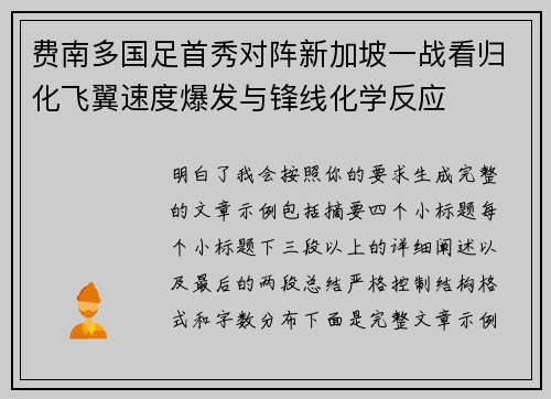 费南多国足首秀对阵新加坡一战看归化飞翼速度爆发与锋线化学反应