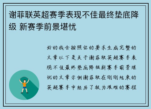 谢菲联英超赛季表现不佳最终垫底降级 新赛季前景堪忧 谢菲联英超赛季表现不佳最终垫底降级 新赛季前景堪忧