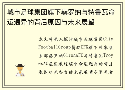 城市足球集团旗下赫罗纳与特鲁瓦命运迥异的背后原因与未来展望